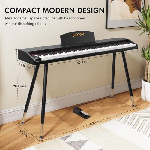UISCOM Digital Piano Keyboard for Beginners Full Size 88 Key Semi Weighted Keyboard Electric Piano with Stand Power Adapter Sheet Music Stand Pedal Headphone USB MIDI Compatibility Wood Black