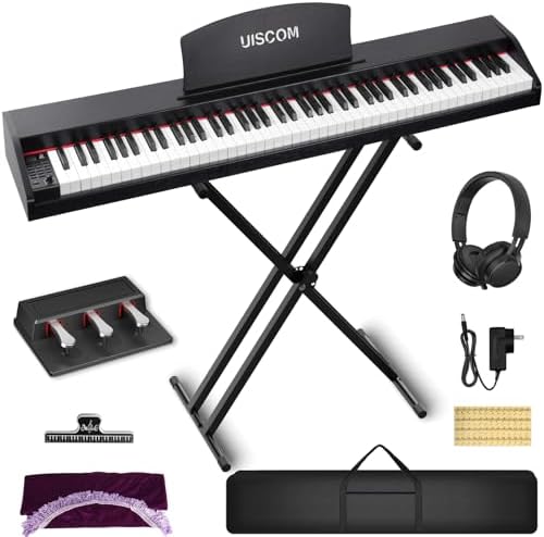 UISCOM Digital Piano Keyboard for Beginners Full Size 88 Key Semi Weighted Keyboard Electric Piano with Stand Power Adapter Sheet Music Stand Pedal Headphone USB MIDI Compatibility Wood Black
