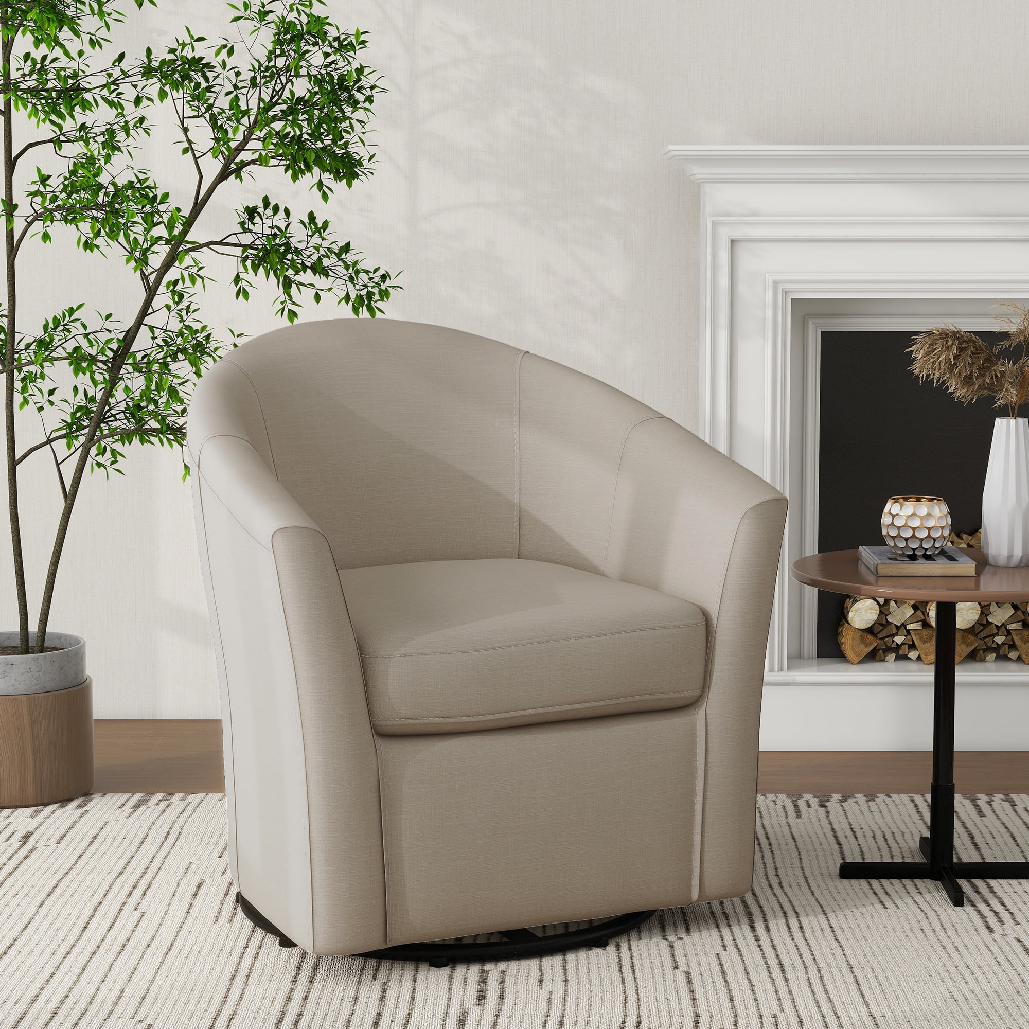 UIXE 360  Swivel Barrel Chair  Swivel Curved Accent Chair Art Deco Style Round Club ArmChair with Upholstered Brown Boucle Seating