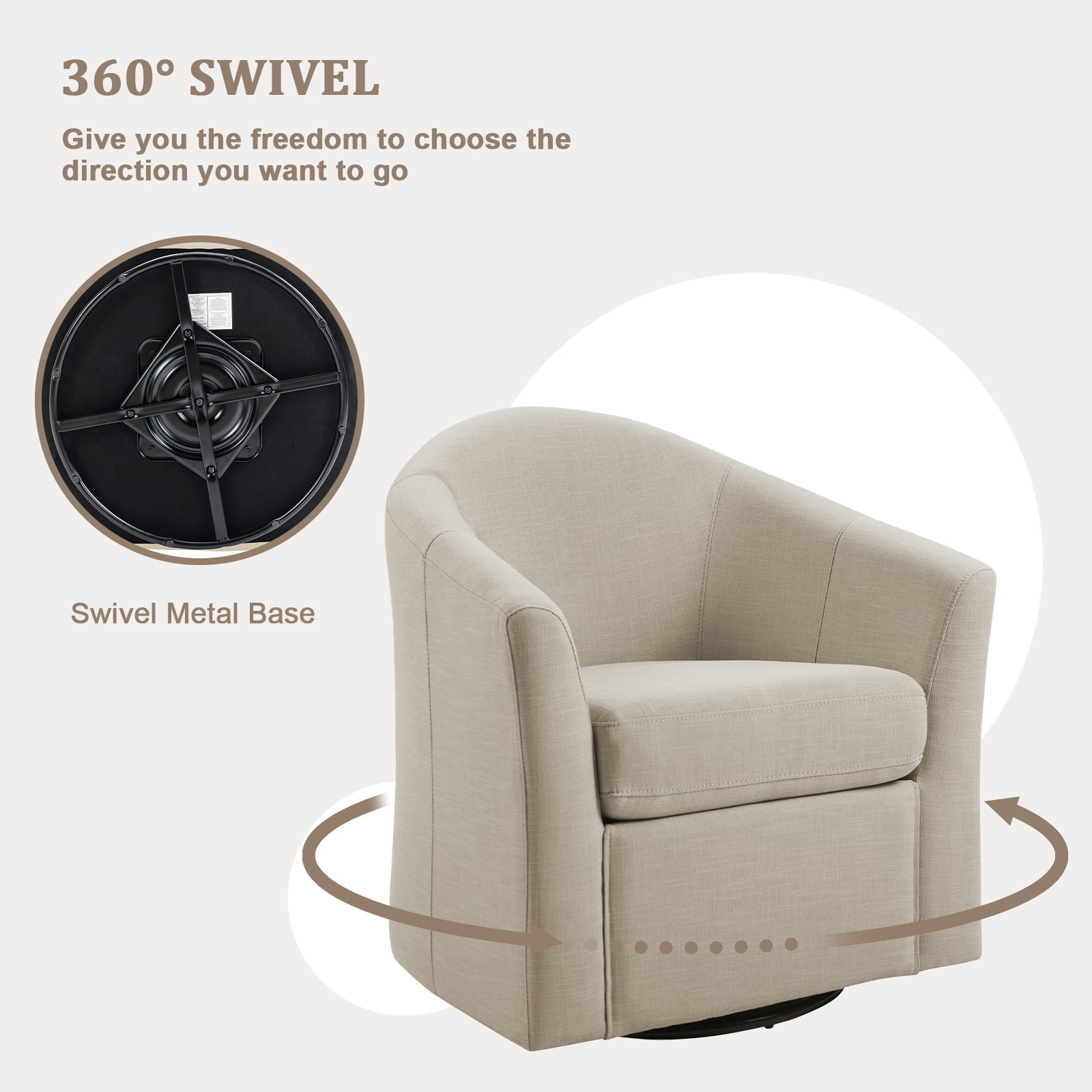 UIXE 360  Swivel Barrel Chair  Swivel Curved Accent Chair Art Deco Style Round Club ArmChair with Upholstered Brown Boucle Seating