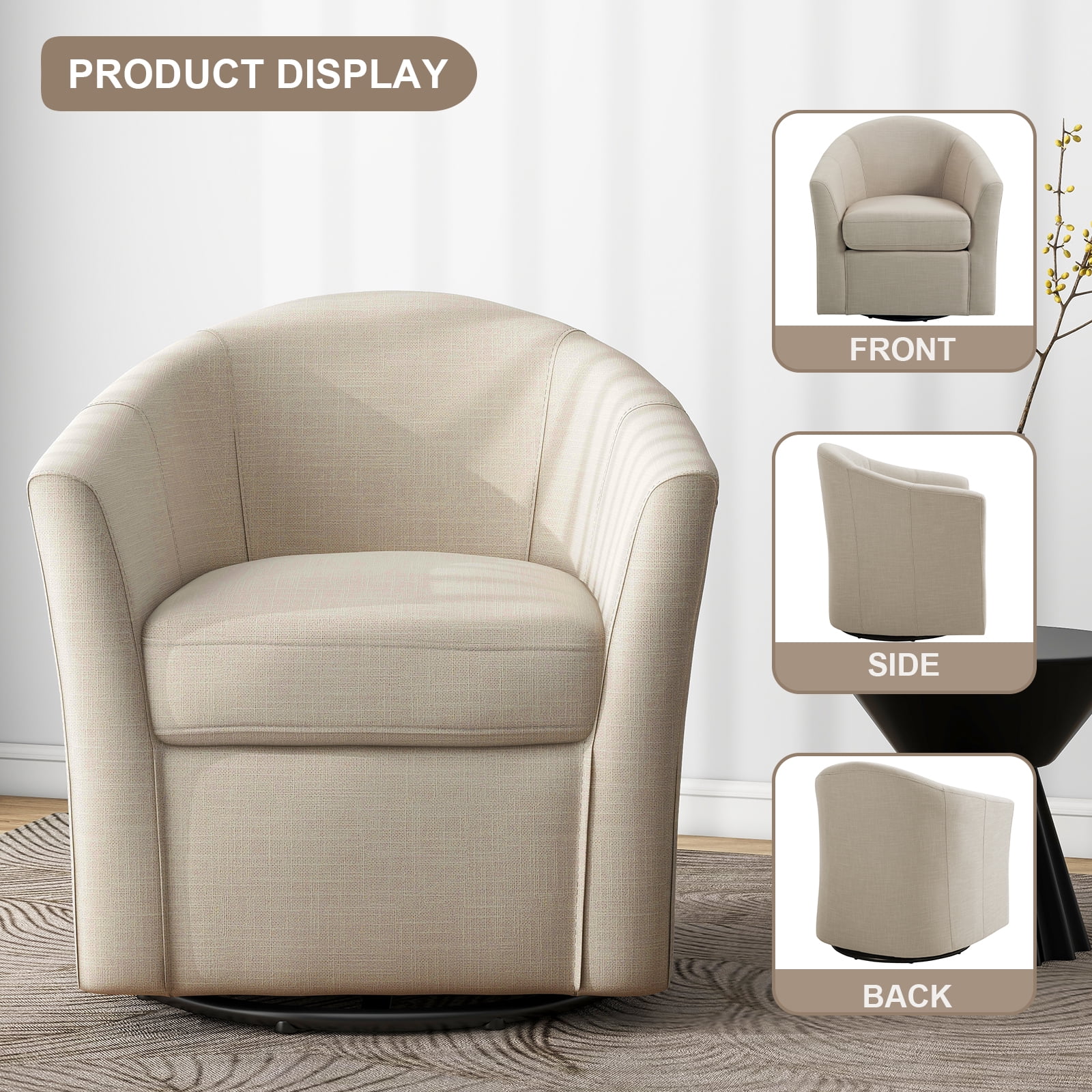 UIXE 360  Swivel Barrel Chair  Swivel Curved Accent Chair Art Deco Style Round Club ArmChair with Upholstered Brown Boucle Seating