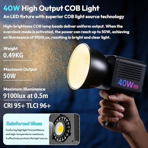 ULANZI 40W Pro RGB Portable LED Video Light w DC Power Adapter  3400mAh Build in Battery Metal Mini Adjustable Color Temperature COB Continuous Output Lighting Handheld Spotlight 2500K 6500K for Video