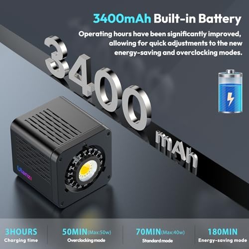 ULANZI 40W Pro RGB Portable LED Video Light w DC Power Adapter  3400mAh Build in Battery Metal Mini Adjustable Color Temperature COB Continuous Output Lighting Handheld Spotlight 2500K 6500K for Video