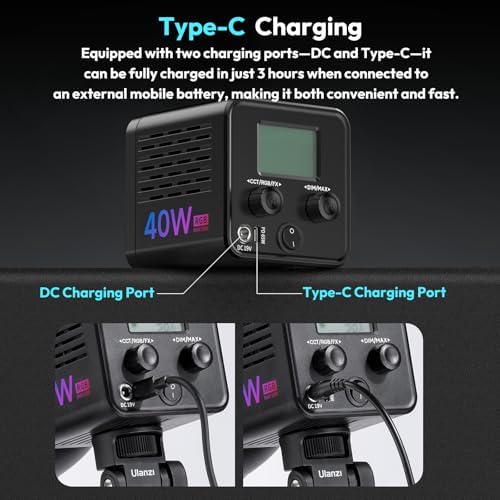 ULANZI 40W Pro RGB Portable LED Video Light w DC Power Adapter  3400mAh Build in Battery Metal Mini Adjustable Color Temperature COB Continuous Output Lighting Handheld Spotlight 2500K 6500K for Video