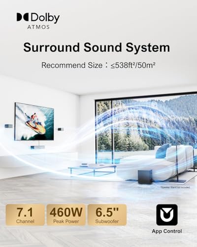 ULTIMEA 7 1 Surround Sound System for TV with Dolby Atmos  460W Sound Bar for TV with 6 5 Subwoofer  APP Control  4 Wired Surround Speakers  Home Theater Sound System  Poseidon D80  2025 Upgrade 