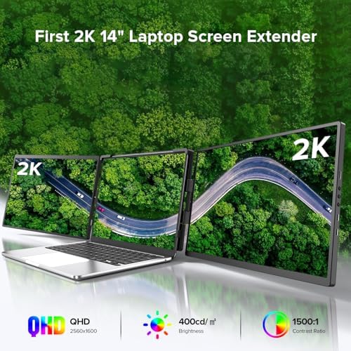 UPERFECT Laptop Screen Extender  2K 14 360  Patented Unique Swivel Hinge Triple Monitor  2240x1400 QHD IPS Portable Dual Monitor for 13 3 17 3 Laptops  Plug & Play with Mac  Wins  Android