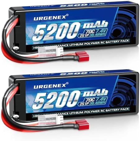 URGENEX 7 4V 5200mAh Lipo Battery 2S 70C High Discharge Rate RC Batteries with Dean Style T Plug Fit for Most 1/8 1/10 RC Car Trucks Vehicles 2 Packs