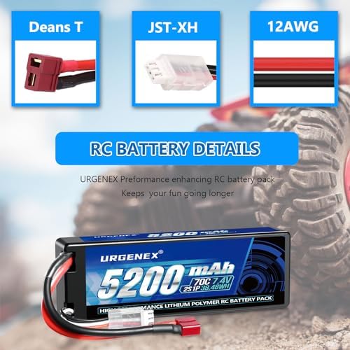 URGENEX 7 4V 5200mAh Lipo Battery 2S 70C High Discharge Rate RC Batteries with Dean Style T Plug Fit for Most 1/8 1/10 RC Car Trucks Vehicles 2 Packs
