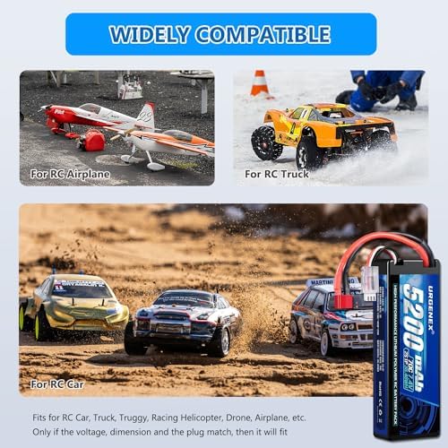 URGENEX 7 4V 5200mAh Lipo Battery 2S 70C High Discharge Rate RC Batteries with Dean Style T Plug Fit for Most 1/8 1/10 RC Car Trucks Vehicles 2 Packs
