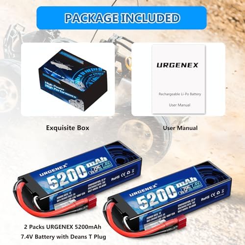 URGENEX 7 4V 5200mAh Lipo Battery 2S 70C High Discharge Rate RC Batteries with Dean Style T Plug Fit for Most 1/8 1/10 RC Car Trucks Vehicles 2 Packs