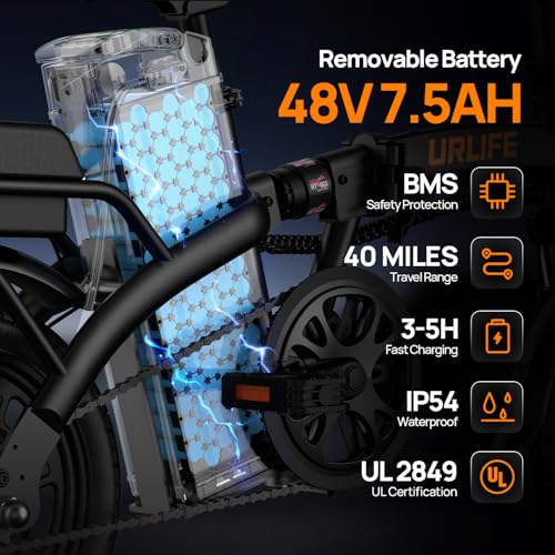 URLIFE Electric Bike for Adults 14 Folding Electric Bike 500W Peak Motor 48V 375Wh Removable Battery 20MPH 40 Miles Long Range Mini E Bikes for Adults and Teens UL Certification