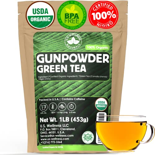 U.S. Wellness Naturals Té verde de pólvora orgánica | Hoja suelta | Calidad premium | Té verde orgánico 100% certificado | 16 onzas / 15.98 oz | 200+ tazas