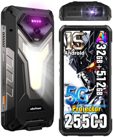 Ulefone Armor 34 PRO Plus 5G AI Smartphone resistente con proyector.25500mAh (66W), 32GB+512GB Andriod 15 teléfono, 6.95 FHD+ pantalla, 64MP+50MP+50MP+50MP, luz LED de 1100 lúmenes, Widevine L1, WiFi