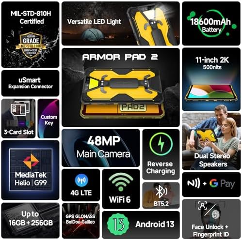 Ulefone Armor Pad 2 Rugged Tablet 4G  18600mAh 33W   11 inch 2K Display  IP68/69K  MTK Helio G99 16GB   256GB Android 13  Dual Speakers  uSmart Expansion Connector  48MP   16MP  WiFi 6/GPS/NFC   Black
