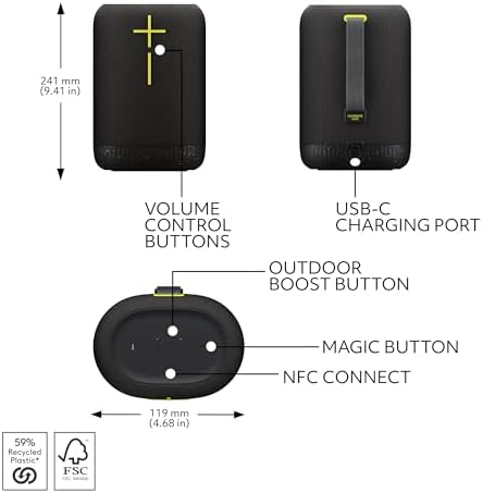 Ultimate Ears EPICBOOM  Portable Wireless Bluetooth Speaker  Big Bass and Immersive  360 Degree Sound  Adaptive EQ  IP67 Waterproof  Floatable  17 Hour Battery  180 ft Range  USB C   Charcoal Black