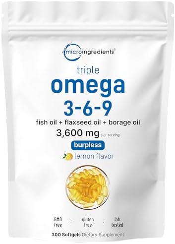Ultra Omega 3 6 9 3600mg Per Serving  300 Burpless Softgels   Lemon Flavor   Blend of Fish  Flaxseed  Borage Oils   Bioavailable Source  Non GMO  No Gluten  Mercury Free