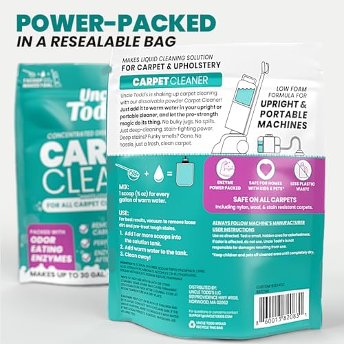 Uncle Todds Carpet Cleaner Powder for Machines   Makes 30 Gallons of Carpet Cleaner Solution   Enzyme Formula Carpet Deodorizer   Removes Pet Odors & Stains   Safe for Carpets  Rugs & Upholstery