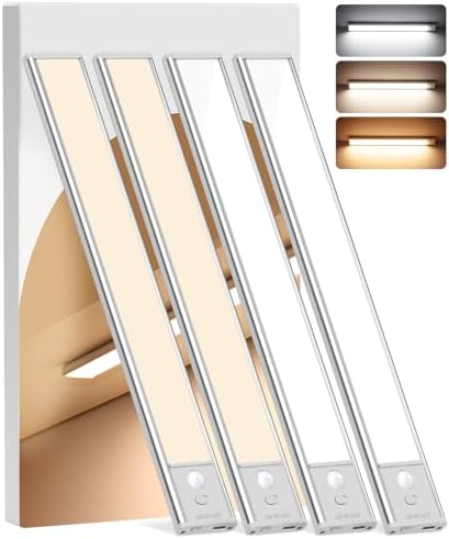 Under Cabinet Lighting Wireless  4Pack Motion Sensor Light Indoor with 3 Color Temps  Dimmable Closet Lights Battery Operated  LED Magnetic Light  Rechargeable Under Counter Lights for Kitchen Stairs