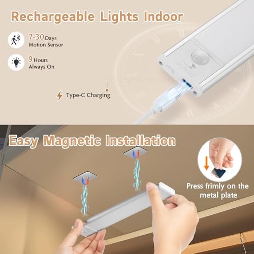 Under Cabinet Lighting Wireless  4Pack Motion Sensor Light Indoor with 3 Color Temps  Dimmable Closet Lights Battery Operated  LED Magnetic Light  Rechargeable Under Counter Lights for Kitchen Stairs