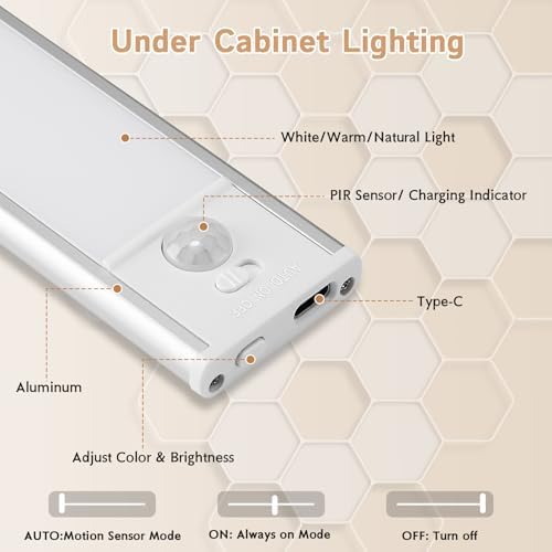 Under Cabinet Lighting Wireless  4Pack Motion Sensor Light Indoor with 3 Color Temps  Dimmable Closet Lights Battery Operated  LED Magnetic Light  Rechargeable Under Counter Lights for Kitchen Stairs