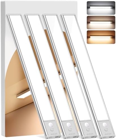 Under Cabinet Lighting Wireless  4Pack Motion Sensor Light Indoor with 3 Color Temps  Dimmable Closet Lights Battery Operated  LED Magnetic Light  Rechargeable Under Counter Lights for Kitchen Stairs