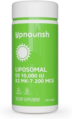 UpNourish Liposomal D3 K2 Vitamin 10000 IU D3 and K2 MK 7 200 mcg   365 Vitamin D3 k2  Vitamina D3 con K2  Mini Softgels   Easy to Swallow K2 D3 Vitamin Supplement