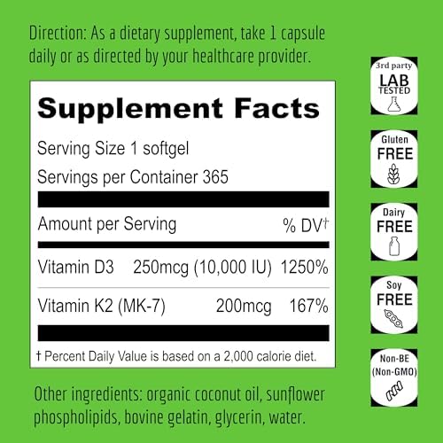 UpNourish Liposomal D3 K2 Vitamin 10000 IU D3 and K2 MK 7 200 mcg   365 Vitamin D3 k2  Vitamina D3 con K2  Mini Softgels   Easy to Swallow K2 D3 Vitamin Supplement