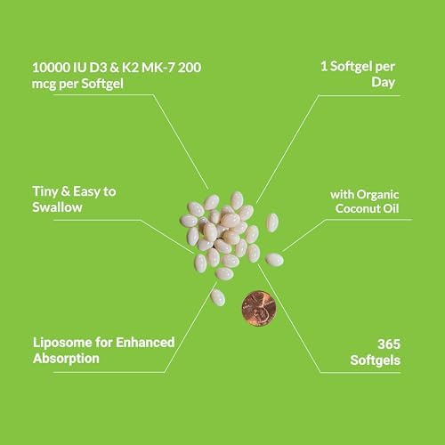 UpNourish Liposomal D3 K2 Vitamin 10000 IU D3 and K2 MK 7 200 mcg   365 Vitamin D3 k2  Vitamina D3 con K2  Mini Softgels   Easy to Swallow K2 D3 Vitamin Supplement
