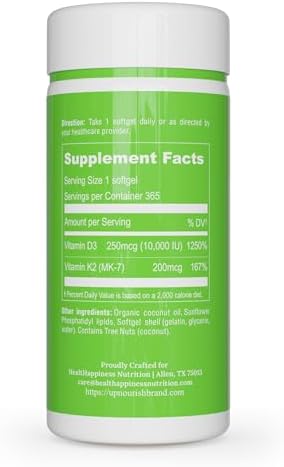 UpNourish Liposomal D3 K2 Vitamin 10000 IU D3 and K2 MK 7 200 mcg   365 Vitamin D3 k2  Vitamina D3 con K2  Mini Softgels   Easy to Swallow K2 D3 Vitamin Supplement