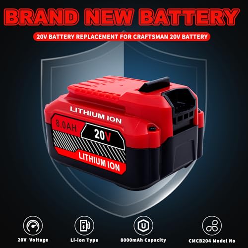 Upgrade 2 Pack 20V 8 0Ah Replacement for Craftsman 20V Battery V20 Lithium ion Batteries Compatible with CMCB205 CMCB204 CMCB206 CMCB202 CMCB201 20V Cordless Power Tools