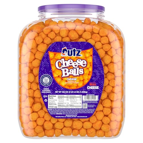 Utz Cheese Balls Barrel  Tasty Snack Baked with Real Cheddar Cheese  Delightfully Poppable Party Snack  Gluten  Cholesterol and Trans Fat Free  Kosher Certified  36 5 Oz