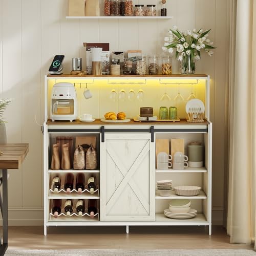 VASAGLE Coffee Bar Cabinet with Power Outlet and Voice Control LED Light  Buffet Cabinet with Sliding Barn Doors  S Hooks  Wine Glass Racks  Bottle Holders  Rustic White and Honey Brown ULSC201W01