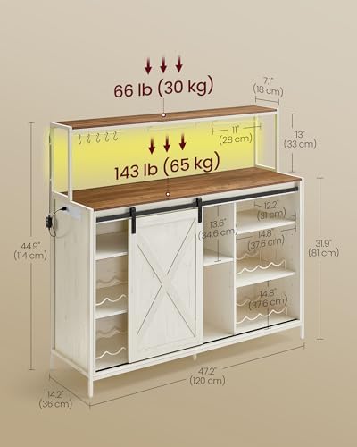 VASAGLE Coffee Bar Cabinet with Power Outlet and Voice Control LED Light  Buffet Cabinet with Sliding Barn Doors  S Hooks  Wine Glass Racks  Bottle Holders  Rustic White and Honey Brown ULSC201W01