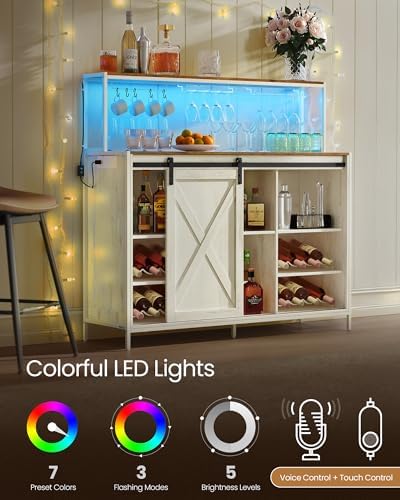 VASAGLE Coffee Bar Cabinet with Power Outlet and Voice Control LED Light  Buffet Cabinet with Sliding Barn Doors  S Hooks  Wine Glass Racks  Bottle Holders  Rustic White and Honey Brown ULSC201W01