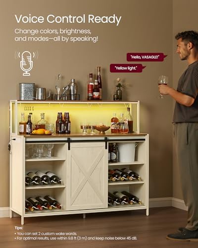 VASAGLE Coffee Bar Cabinet with Power Outlet and Voice Control LED Light  Buffet Cabinet with Sliding Barn Doors  S Hooks  Wine Glass Racks  Bottle Holders  Rustic White and Honey Brown ULSC201W01