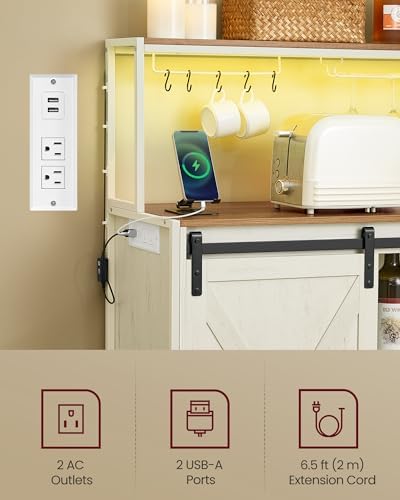 VASAGLE Coffee Bar Cabinet with Power Outlet and Voice Control LED Light  Buffet Cabinet with Sliding Barn Doors  S Hooks  Wine Glass Racks  Bottle Holders  Rustic White and Honey Brown ULSC201W01