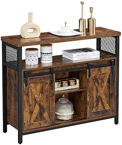 VASAGLE Coffee Bar Cabinet with Power Outlet and Voice Control LED Light  Buffet Cabinet with Sliding Barn Doors  S Hooks  Wine Glass Racks  Bottle Holders  Rustic White and Honey Brown ULSC201W01