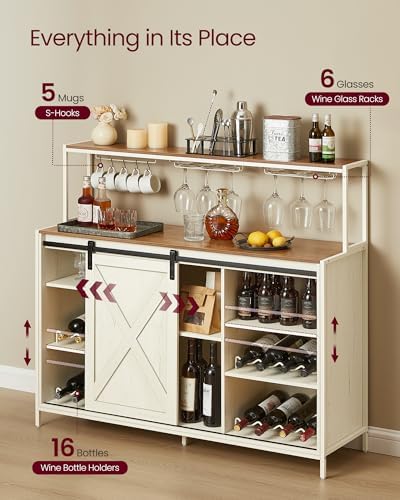 VASAGLE Coffee Bar Cabinet with Power Outlet and Voice Control LED Light  Buffet Cabinet with Sliding Barn Doors  S Hooks  Wine Glass Racks  Bottle Holders  Rustic White and Honey Brown ULSC201W01