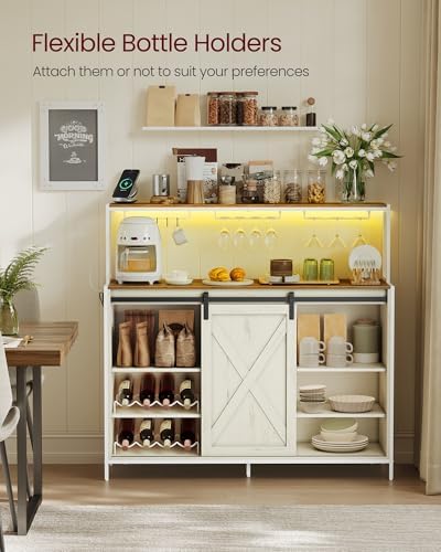 VASAGLE Coffee Bar Cabinet with Power Outlet and Voice Control LED Light  Buffet Cabinet with Sliding Barn Doors  S Hooks  Wine Glass Racks  Bottle Holders  Rustic White and Honey Brown ULSC201W01