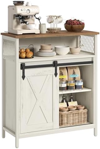 VASAGLE Coffee Bar Cabinet with Power Outlet and Voice Control LED Light  Buffet Cabinet with Sliding Barn Doors  S Hooks  Wine Glass Racks  Bottle Holders  Rustic White and Honey Brown ULSC201W01