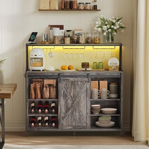VASAGLE Coffee Bar Cabinet with Power Outlet and Voice Control LED Light  Buffet Cabinet with Sliding Barn Doors  S Hooks  Wine Glass Racks  Bottle Holders  Rustic White and Honey Brown ULSC201W01