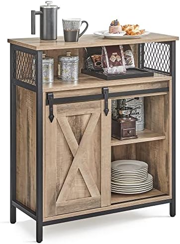 VASAGLE Coffee Bar Cabinet with Power Outlet and Voice Control LED Light  Buffet Cabinet with Sliding Barn Doors  S Hooks  Wine Glass Racks  Bottle Holders  Rustic White and Honey Brown ULSC201W01