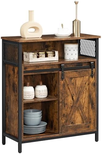VASAGLE Coffee Bar Cabinet with Power Outlet and Voice Control LED Light  Buffet Cabinet with Sliding Barn Doors  S Hooks  Wine Glass Racks  Bottle Holders  Rustic White and Honey Brown ULSC201W01