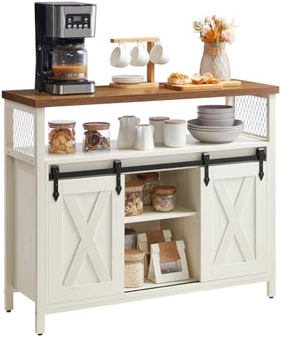 VASAGLE Coffee Bar Cabinet with Power Outlet and Voice Control LED Light  Buffet Cabinet with Sliding Barn Doors  S Hooks  Wine Glass Racks  Bottle Holders  Rustic White and Honey Brown ULSC201W01