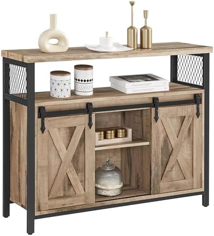 VASAGLE Coffee Bar Cabinet with Power Outlet and Voice Control LED Light  Buffet Cabinet with Sliding Barn Doors  S Hooks  Wine Glass Racks  Bottle Holders  Rustic White and Honey Brown ULSC201W01