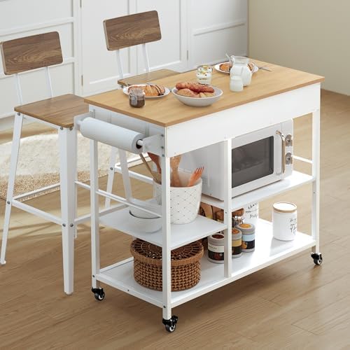 VASAGLE Kitchen Rolling Island  Mobile Kitchen Cart with Storage on Wheels  17 7 x 38 8 x 35 4 Inches  Towel Rack  2 Drawers  2 Hooks  for Dining Room  Oak Beige and Matte White UKKI010Y01