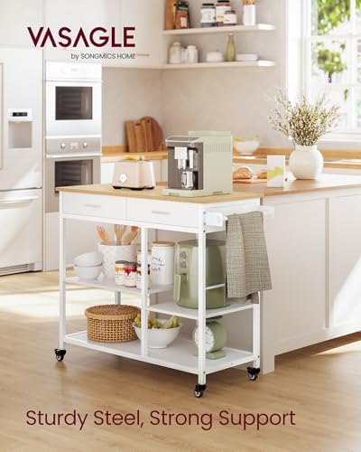 VASAGLE Kitchen Rolling Island  Mobile Kitchen Cart with Storage on Wheels  17 7 x 38 8 x 35 4 Inches  Towel Rack  2 Drawers  2 Hooks  for Dining Room  Oak Beige and Matte White UKKI010Y01
