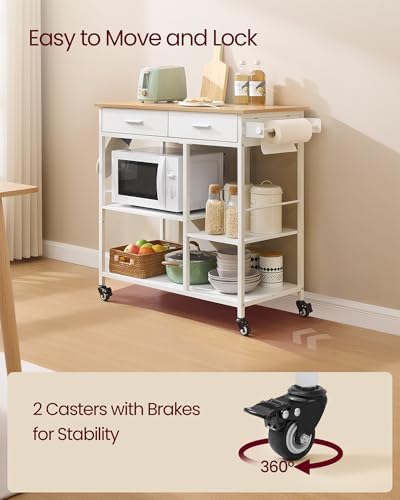 VASAGLE Kitchen Rolling Island  Mobile Kitchen Cart with Storage on Wheels  17 7 x 38 8 x 35 4 Inches  Towel Rack  2 Drawers  2 Hooks  for Dining Room  Oak Beige and Matte White UKKI010Y01