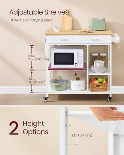 VASAGLE Kitchen Rolling Island  Mobile Kitchen Cart with Storage on Wheels  17 7 x 38 8 x 35 4 Inches  Towel Rack  2 Drawers  2 Hooks  for Dining Room  Oak Beige and Matte White UKKI010Y01
