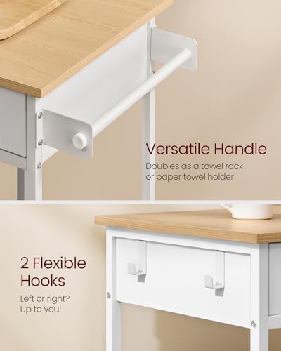 VASAGLE Kitchen Rolling Island  Mobile Kitchen Cart with Storage on Wheels  17 7 x 38 8 x 35 4 Inches  Towel Rack  2 Drawers  2 Hooks  for Dining Room  Oak Beige and Matte White UKKI010Y01